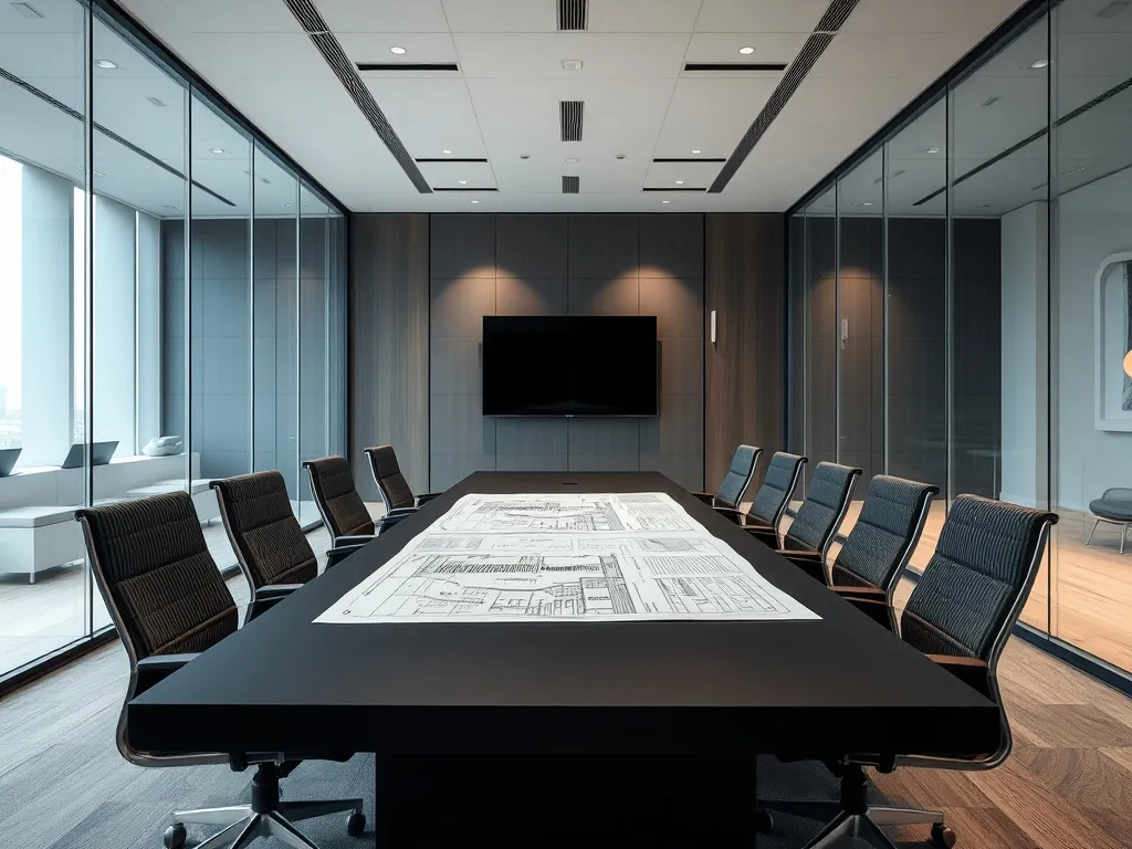 A high-end modern office meeting room with clean glass walls