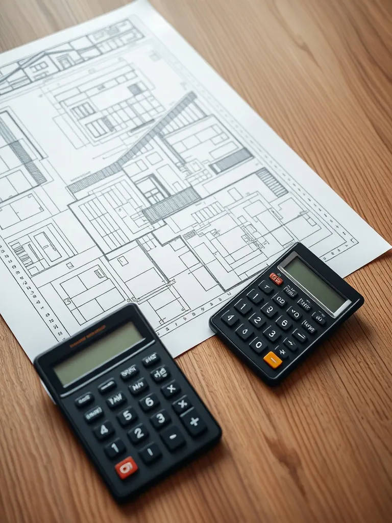 Tactile architecture blueprint on a wooden desk with a calcu