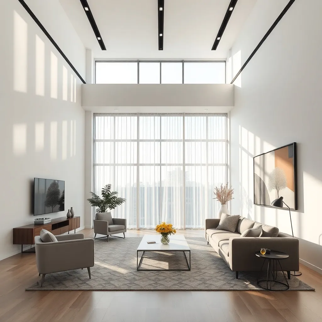 A high-end modern architectural interior with clean lines, n